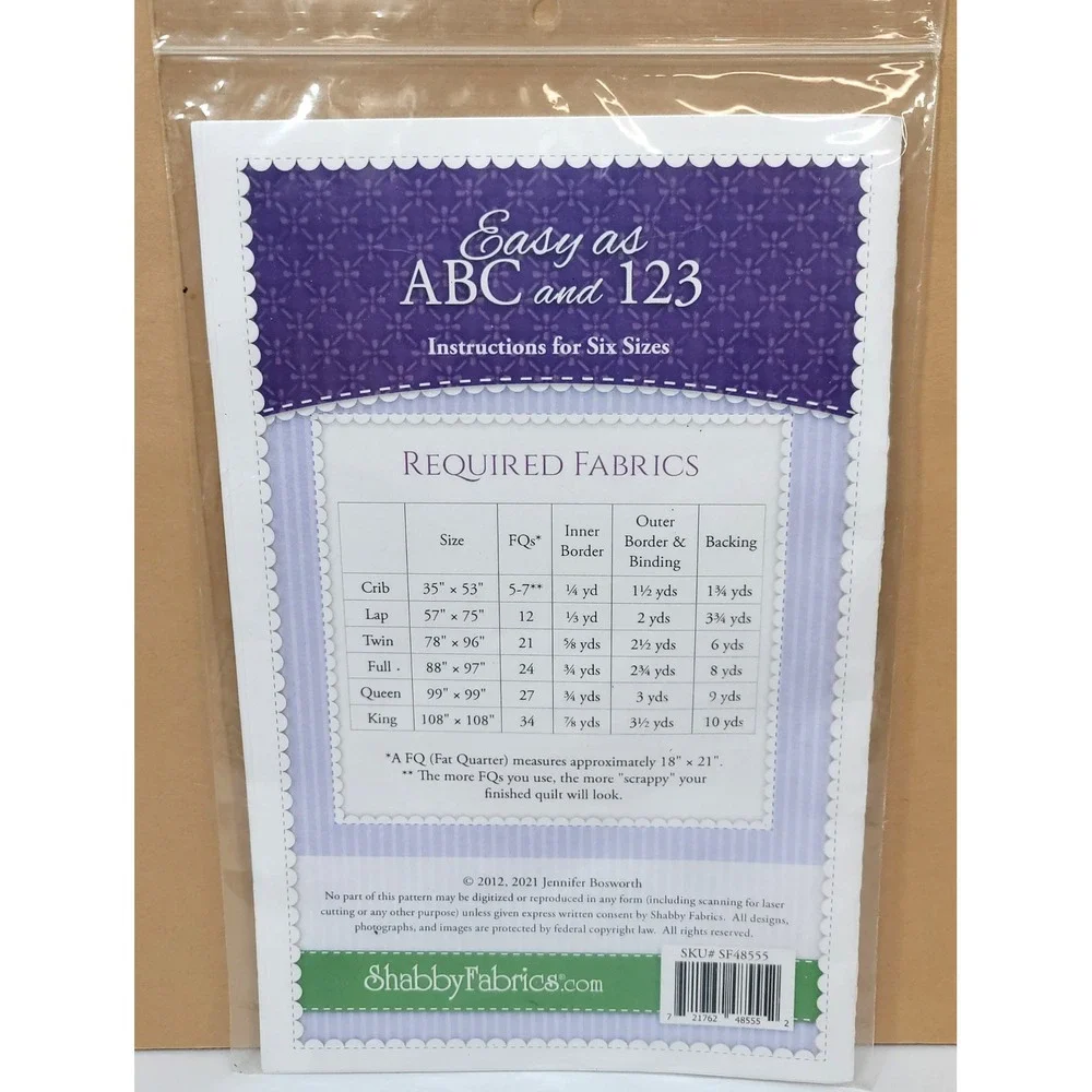 Shabby Fabrics Easy as ABC and 123 Quilt Pattern‎ Jennifer Bosworth SF48555 New